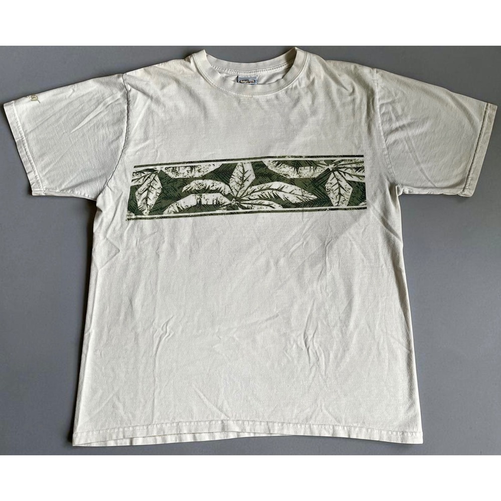 Crazy Shirts Hawaii Original Mens Medium Cream Tropical Palm Leaf Graphic Tee